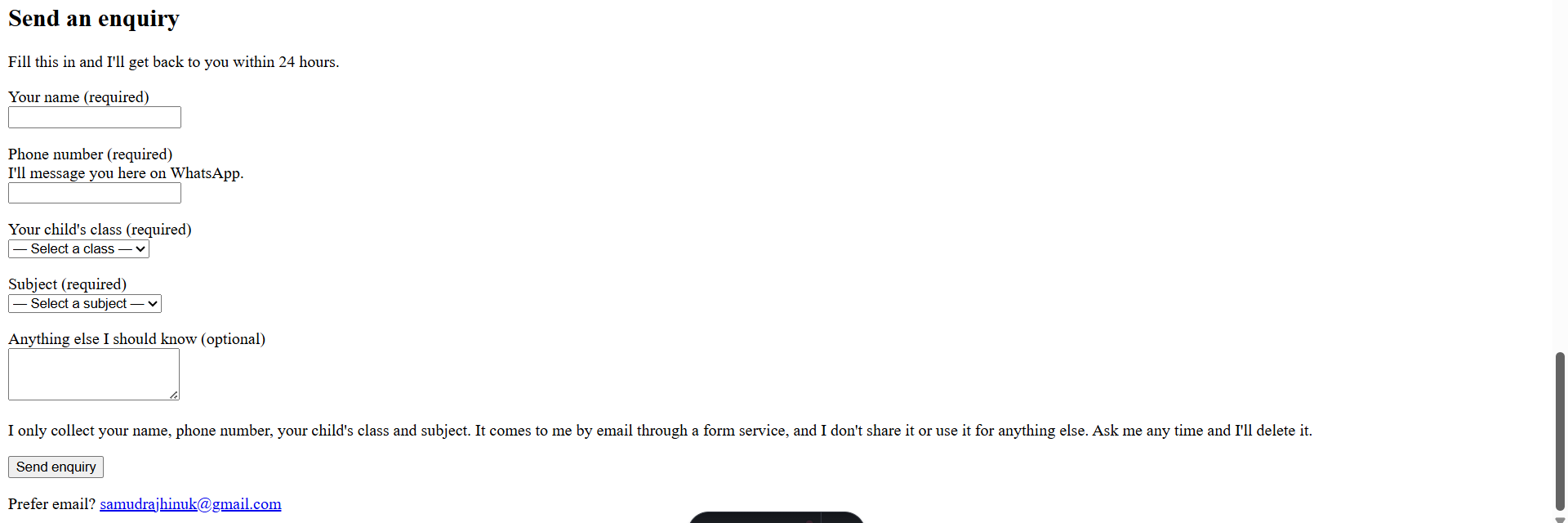 The enquiry form before anyone has typed in it. Five fields, both dropdowns showing a placeholder.