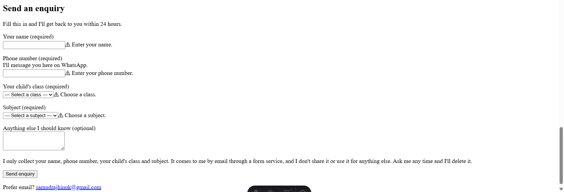 The form after submitting with every field empty. Four error messages, each beginning with a warning symbol.