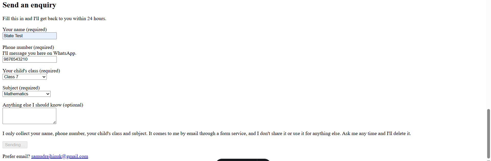 The form mid-submission. The button reads Sending and is greyed out.