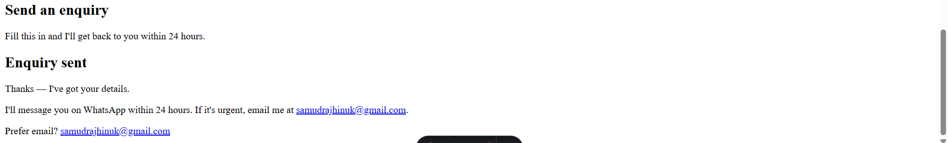 The form replaced by a confirmation reading Enquiry sent, with a note about the reply coming on WhatsApp within 24 hours.