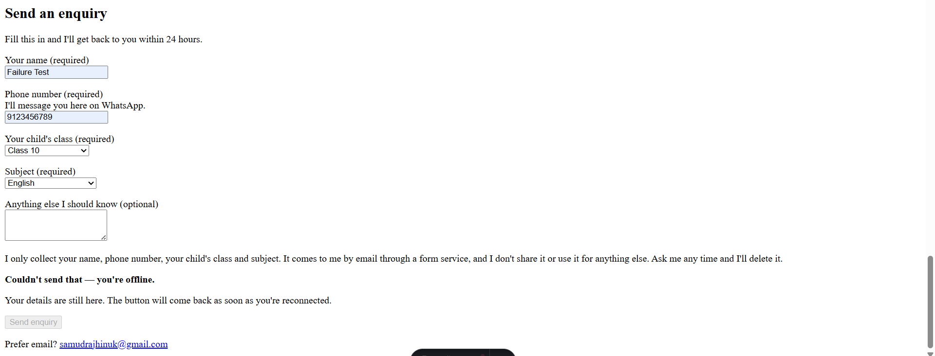 The form after a failed submission while offline. The message reads Couldn't send that, you're offline. The typed answers are still in the fields.